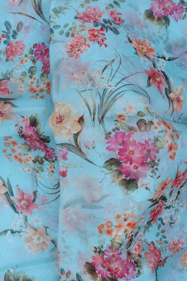Organza Silk Saree In Light Blue With Floral Design