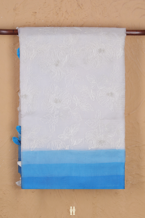Organza Silk Saree In White With Embroidered Design