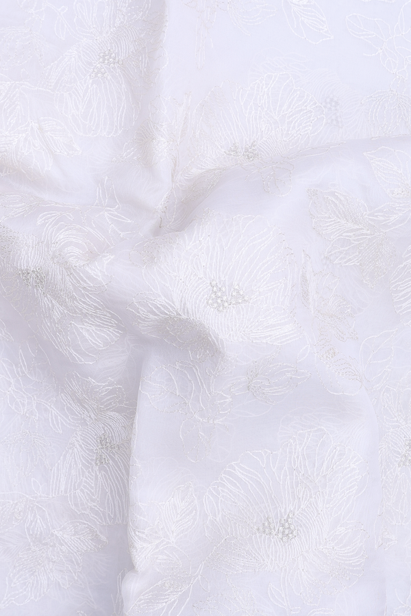 Organza Silk Saree In White With Embroidered Design