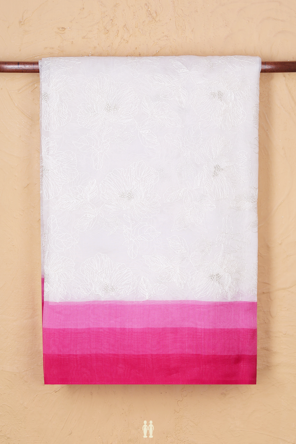 Organza Silk Saree In White With Embroidered Design