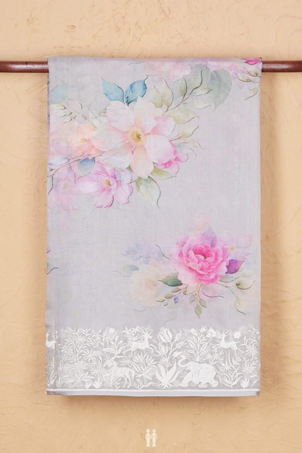 Organza Silk Saree In Grey With Floral Design