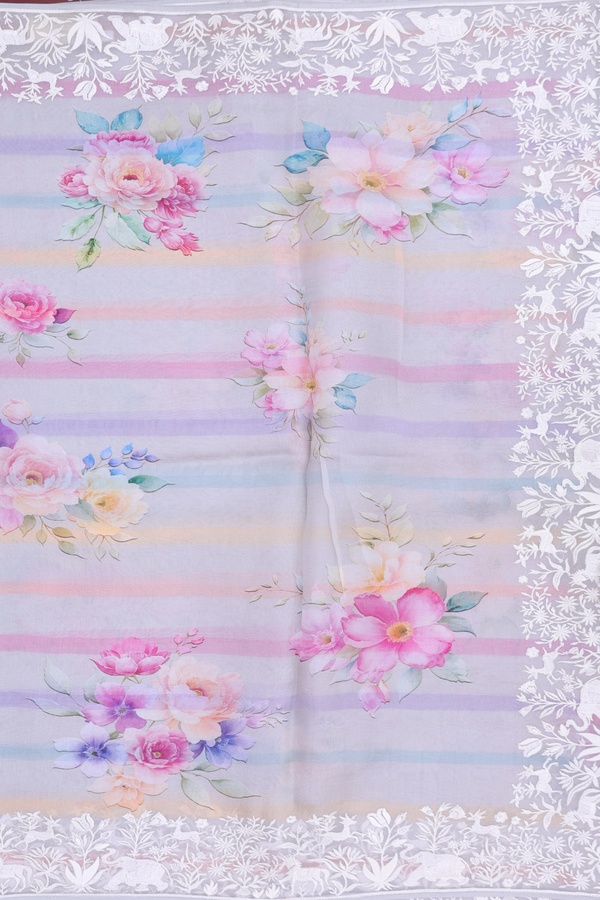 Organza Silk Saree In Grey With Floral Design