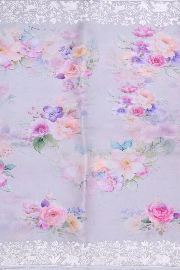 Organza Silk Saree In Grey With Floral Design