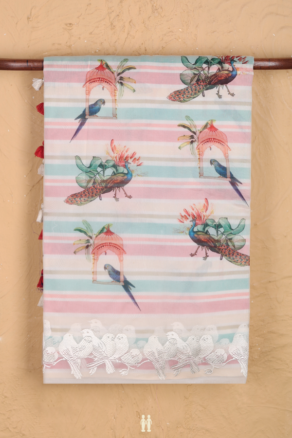 Organza Silk Saree In White With Birds Design