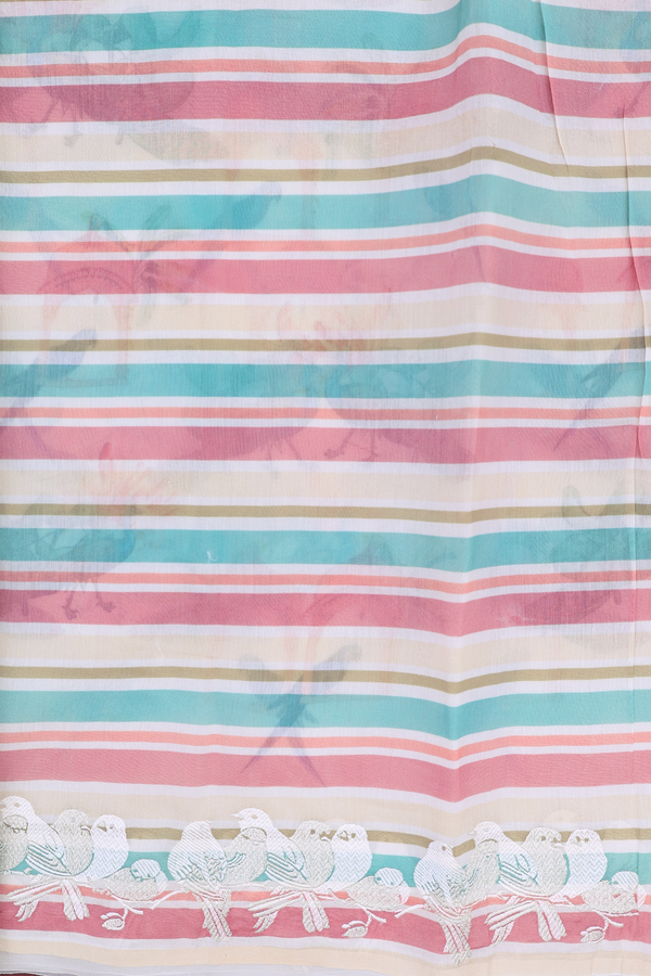 Organza Silk Saree In White With Birds Design