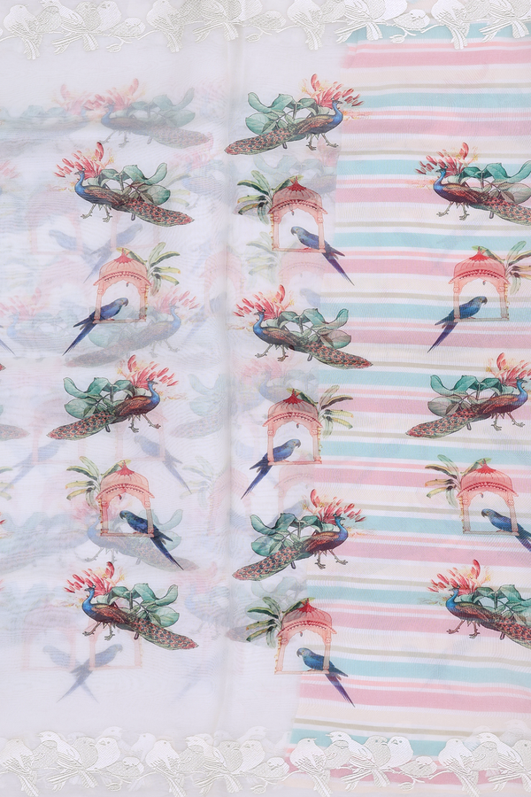 Organza Silk Saree In White With Birds Design