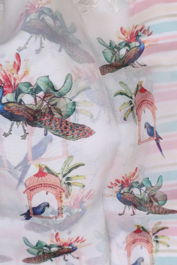 Organza Silk Saree In White With Birds Design