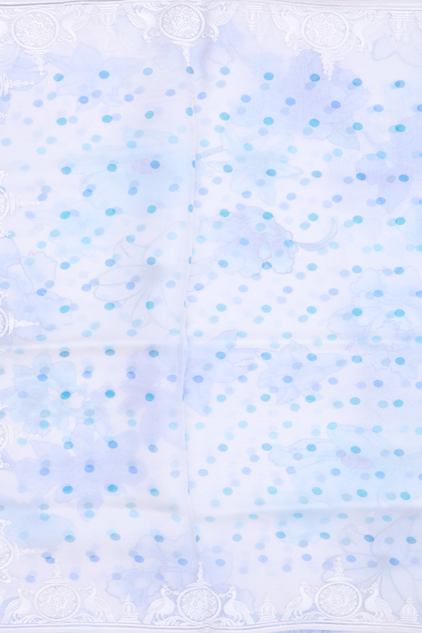 Organza Silk Saree In White With Polka Buttas