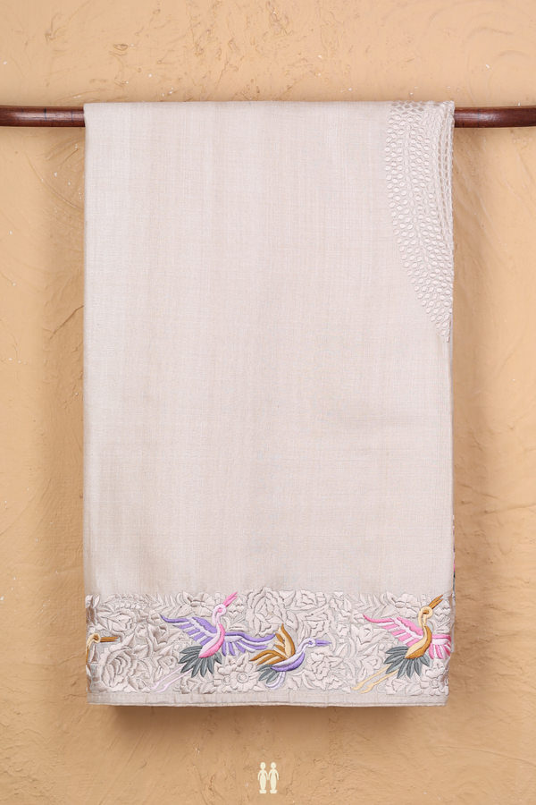 Tussar Silk Saree In Cream Color With Embroidered Border