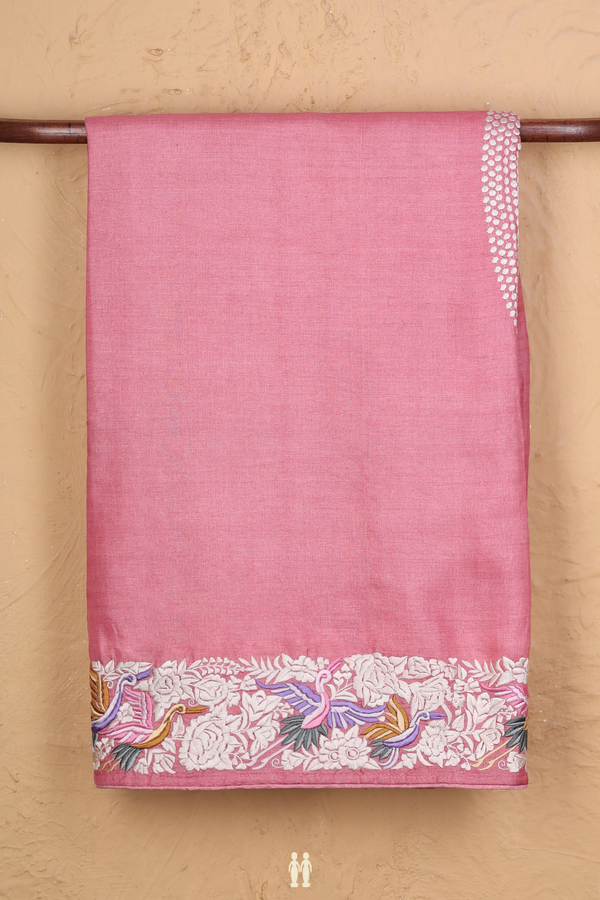 Tussar Silk Saree In Pink With Embroidered Border