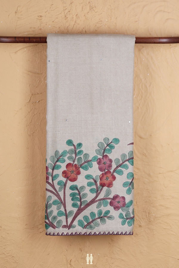 Tussar Silk Saree In Off White With Hand Painted Design