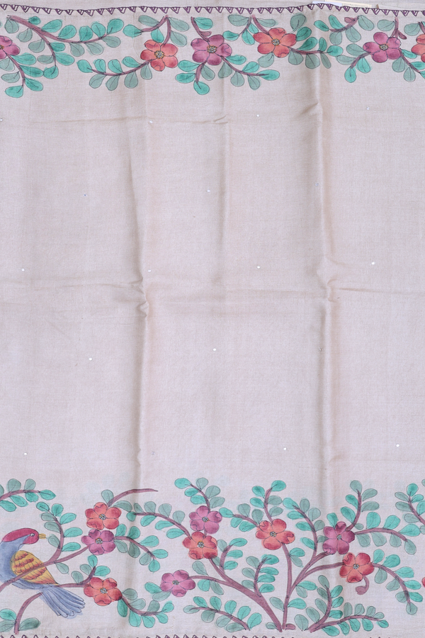Tussar Silk Saree In Off White With Hand Painted Design