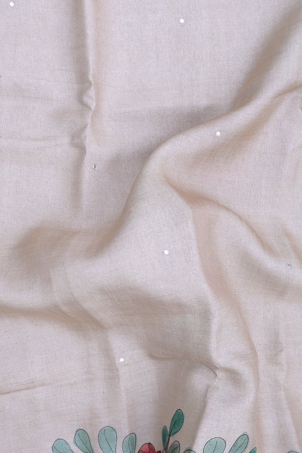 Tussar Silk Saree In Off White With Hand Painted Design