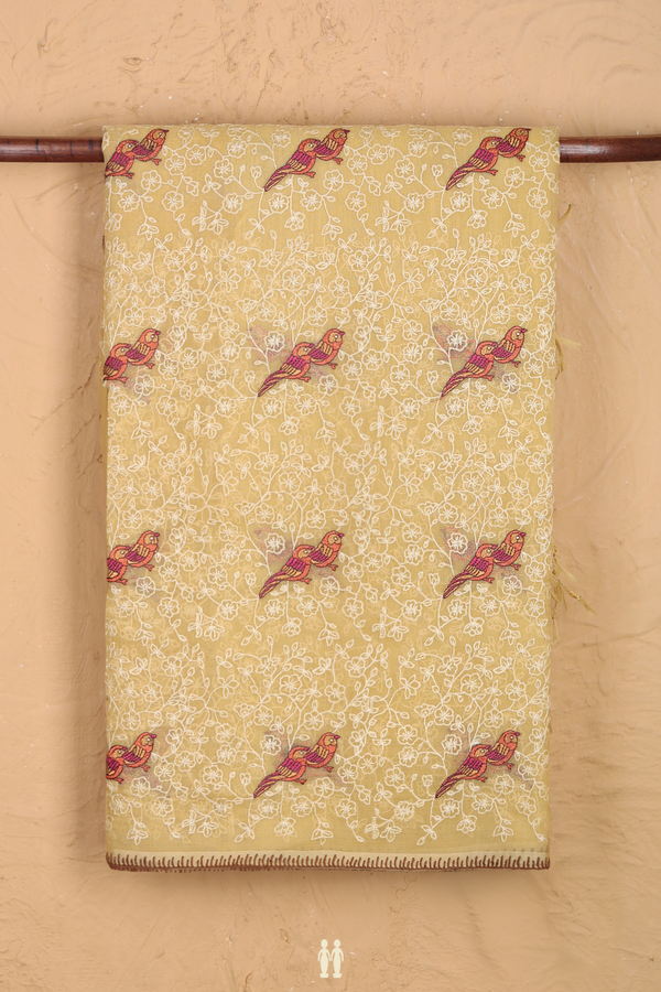 Organza Silk Saree In Yellow With Birds Buttas