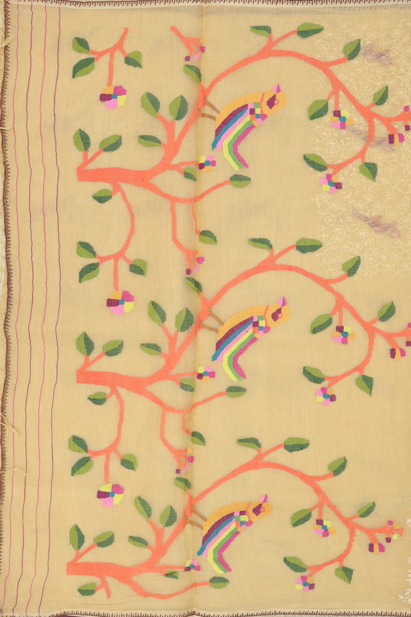 Organza Silk Saree In Yellow With Birds Buttas