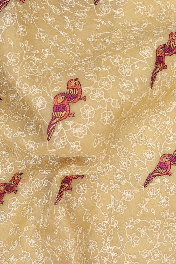 Organza Silk Saree In Yellow With Birds Buttas