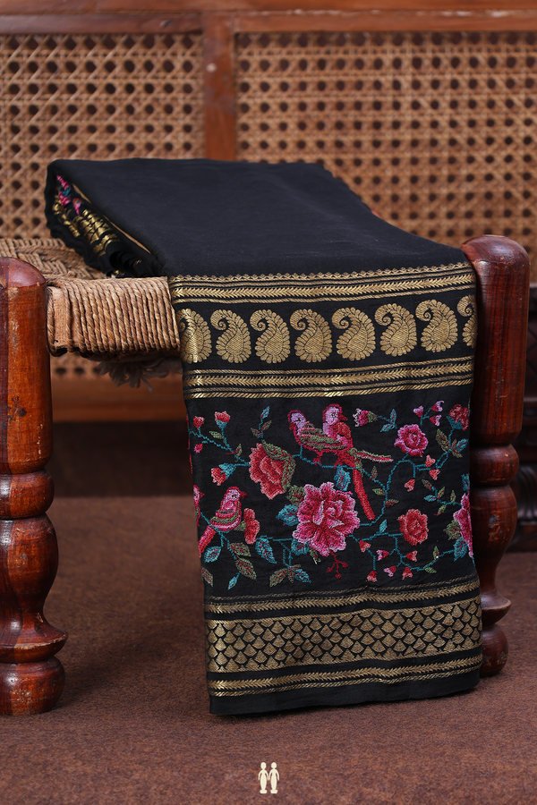 Crepe Saree In Black With Embroidered Border