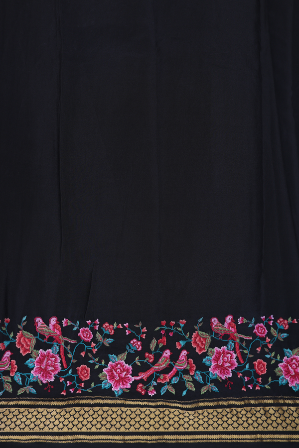 Crepe Saree In Black With Embroidered Border