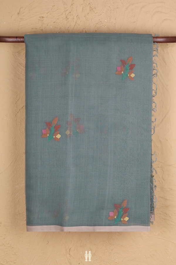 Muslin Bengal Cotton Saree In Sage Green With Floral Design