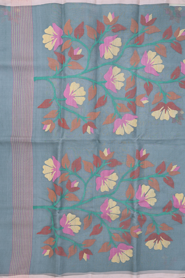 Muslin Bengal Cotton Saree In Sage Green With Floral Design