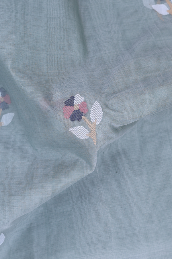 Muslin Bengal Cotton Saree In Dusty Green With Floral Buttas