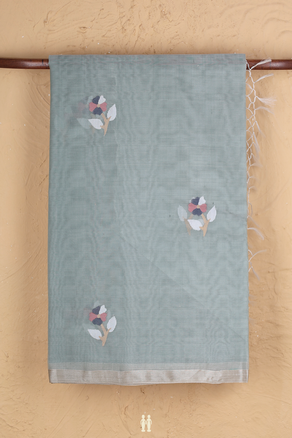Muslin Bengal Cotton Saree In Dusty Green With Floral Buttas