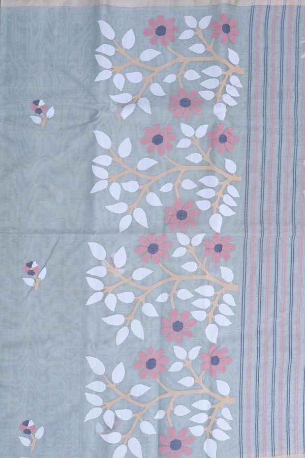 Muslin Bengal Cotton Saree In Dusty Green With Floral Buttas
