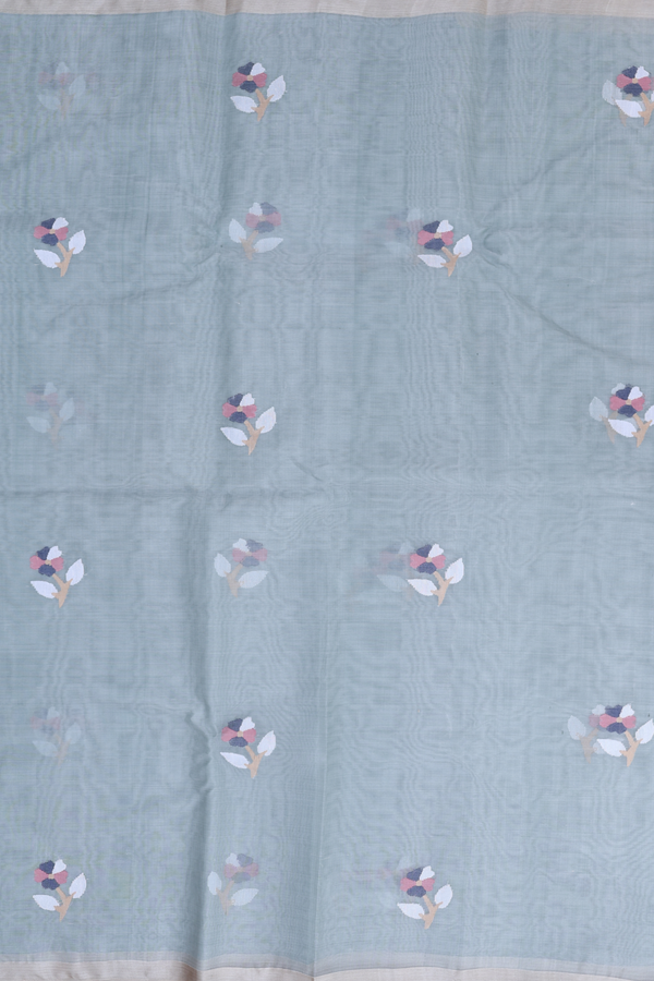 Muslin Bengal Cotton Saree In Dusty Green With Floral Buttas