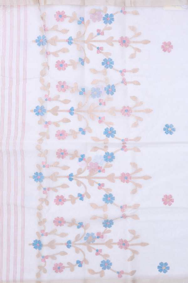 Muslin Bengal Cotton Saree In White With Floral Buttas