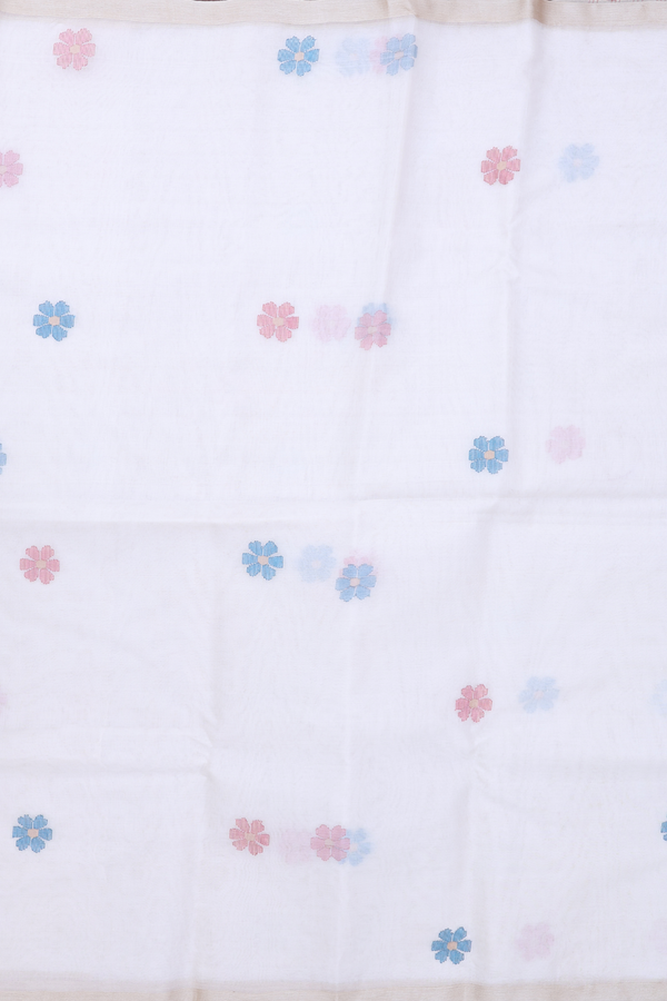 Muslin Bengal Cotton Saree In White With Floral Buttas