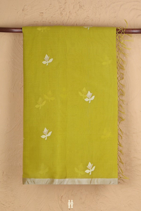 Muslin Bengal Cotton Saree In Pear Green With Floral Design