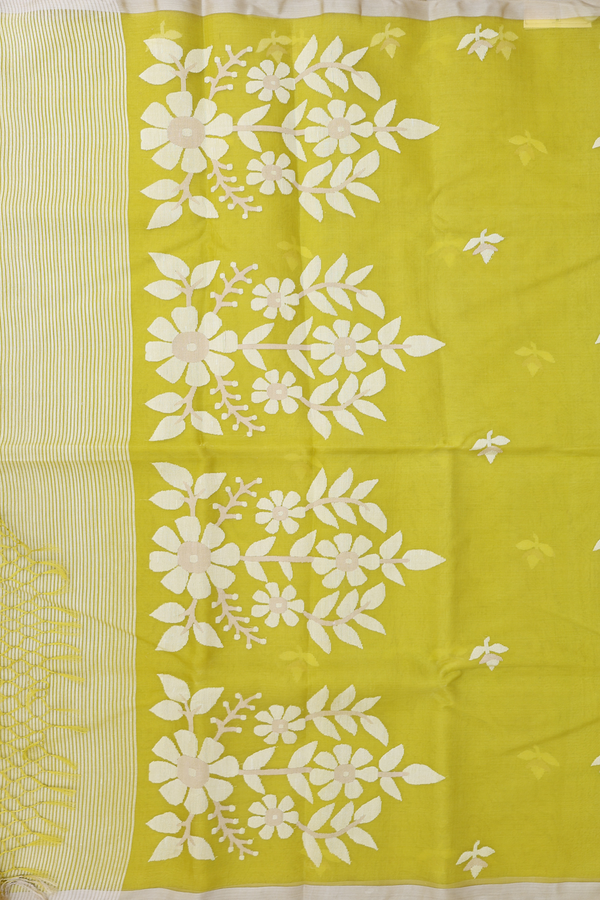 Muslin Bengal Cotton Saree In Pear Green With Floral Design