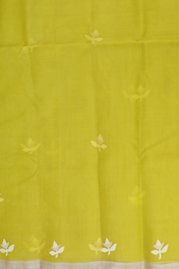 Muslin Bengal Cotton Saree In Pear Green With Floral Design