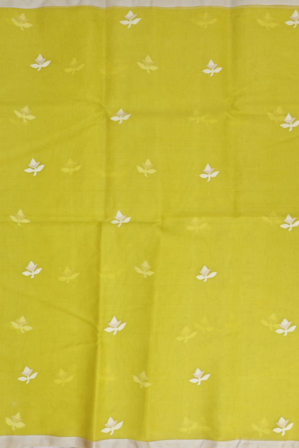 Muslin Bengal Cotton Saree In Pear Green With Floral Design