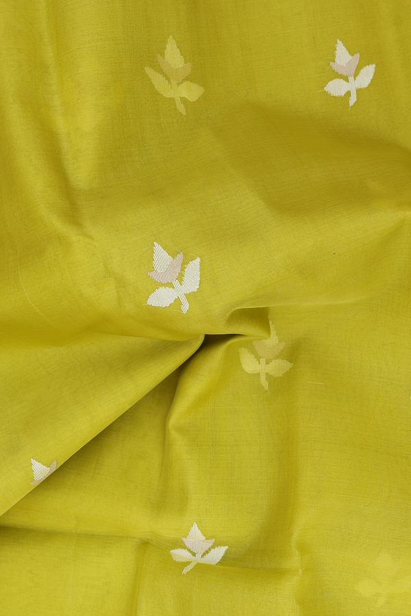 Muslin Bengal Cotton Saree In Pear Green With Floral Design