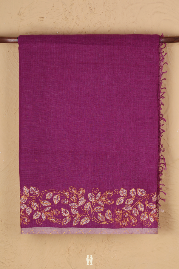 Linen Saree In Plain Purple With Embroidered Border
