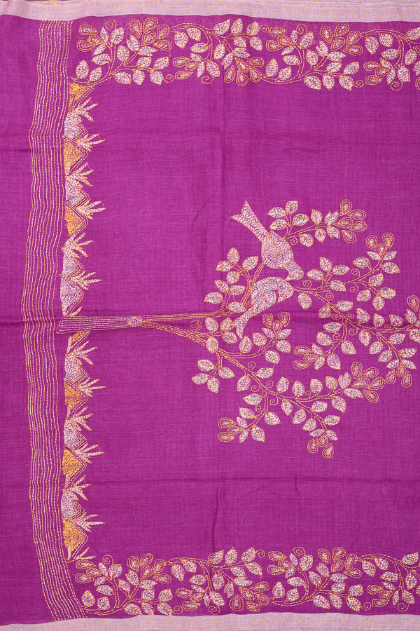 Linen Saree In Plain Purple With Embroidered Border