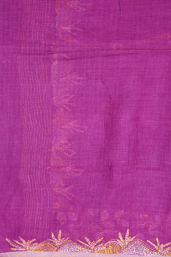 Linen Saree In Plain Purple With Embroidered Border