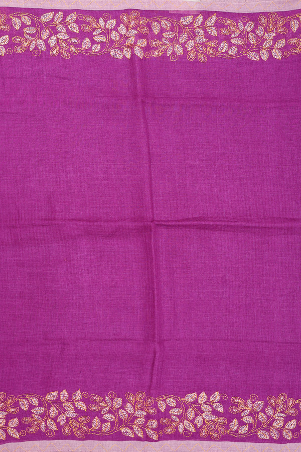 Linen Saree In Plain Purple With Embroidered Border