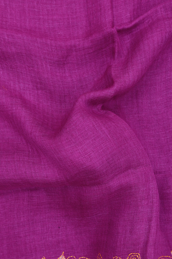 Linen Saree In Plain Purple With Embroidered Border