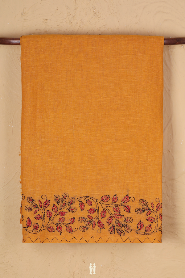 Linen Saree In Honey Orange With Embroidered Border