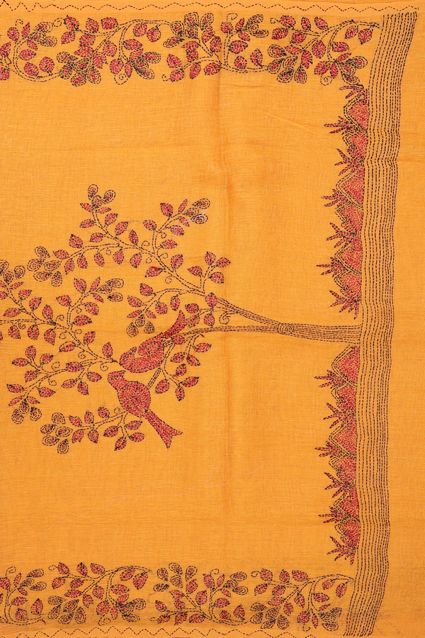 Linen Saree In Honey Orange With Embroidered Border