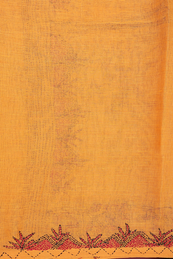 Linen Saree In Honey Orange With Embroidered Border