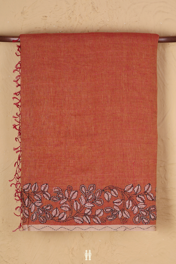 Linen Saree In Plain Copper Orange With Embroidered Border