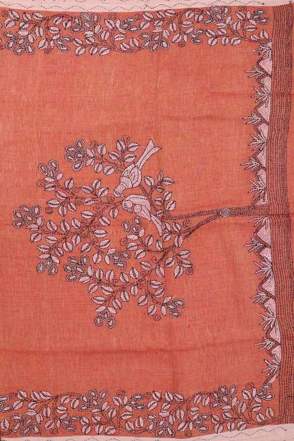 Linen Saree In Plain Copper Orange With Embroidered Border