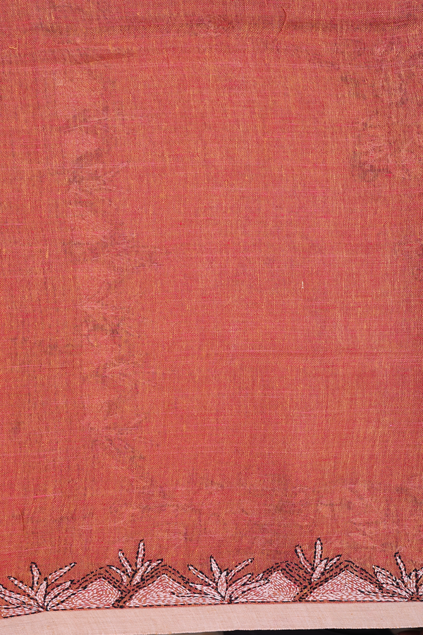 Linen Saree In Plain Copper Orange With Embroidered Border
