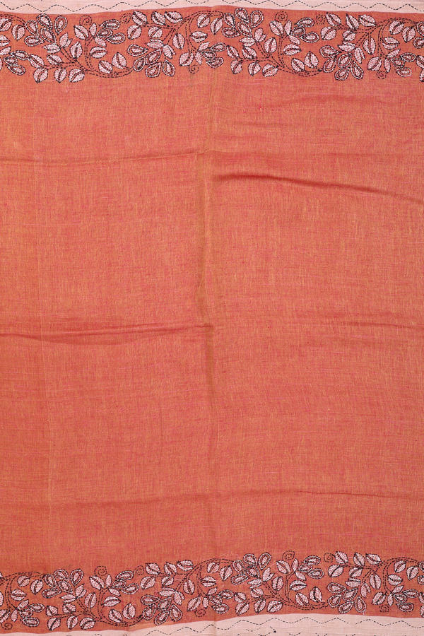 Linen Saree In Plain Copper Orange With Embroidered Border