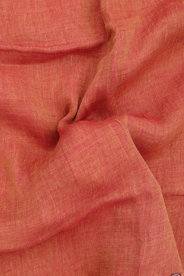 Linen Saree In Plain Copper Orange With Embroidered Border