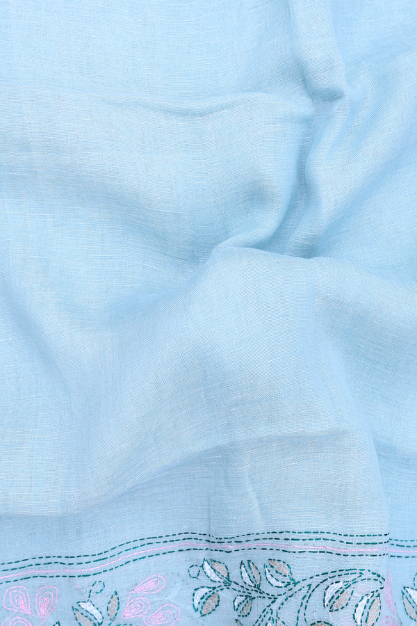 Linen Saree In Plain Pastel Blue With Embroidered Border