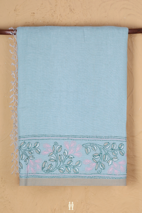 Linen Saree In Plain Pastel Blue With Embroidered Border